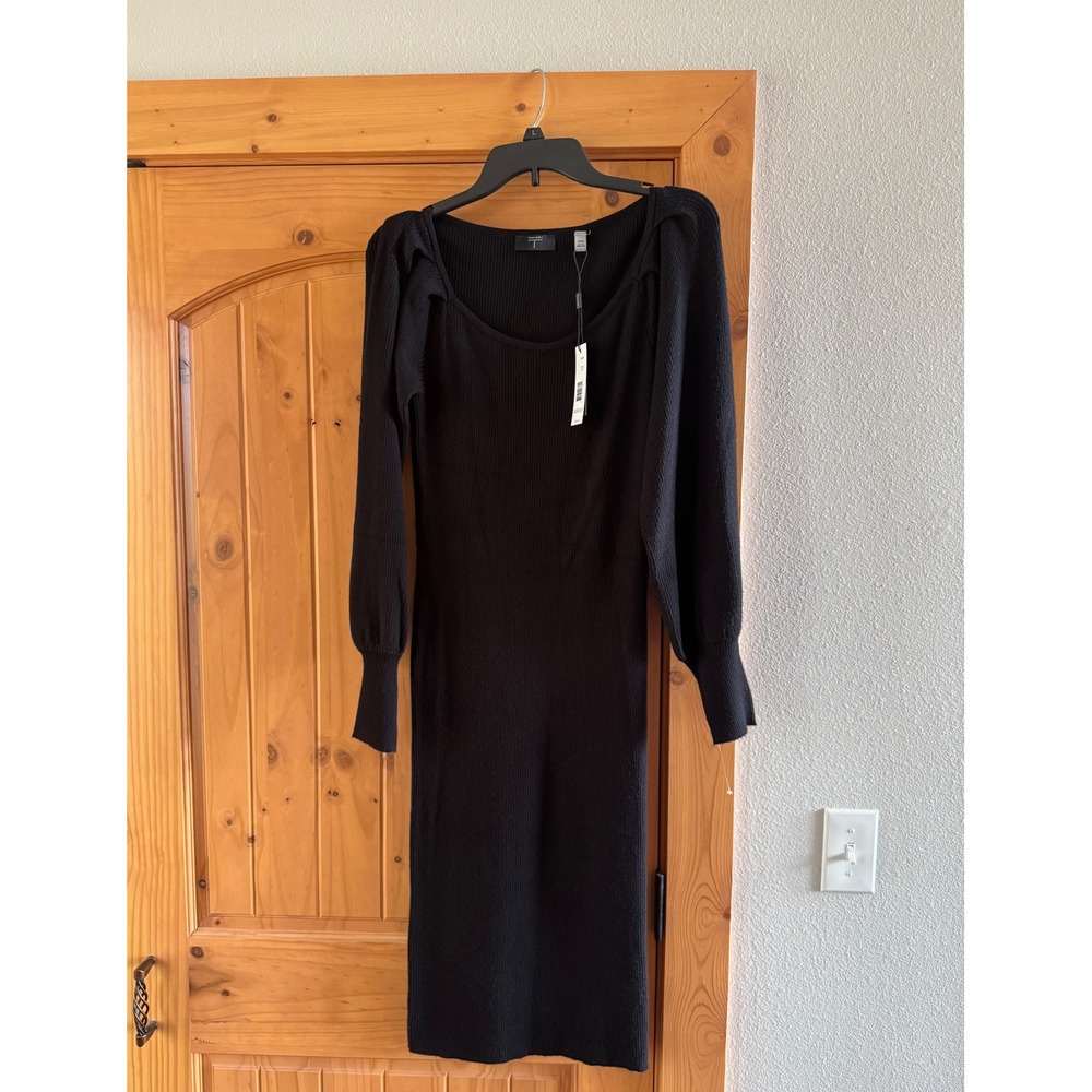 NWT Tahari Black Ribbed Knit Midi Dress Puff Sleeve Scoop Neck - Picture 3 of 6
